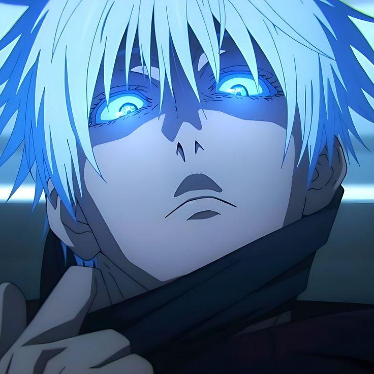 an anime character with white hair and blue eyes looks at the camera while holding his hand on his shoulder