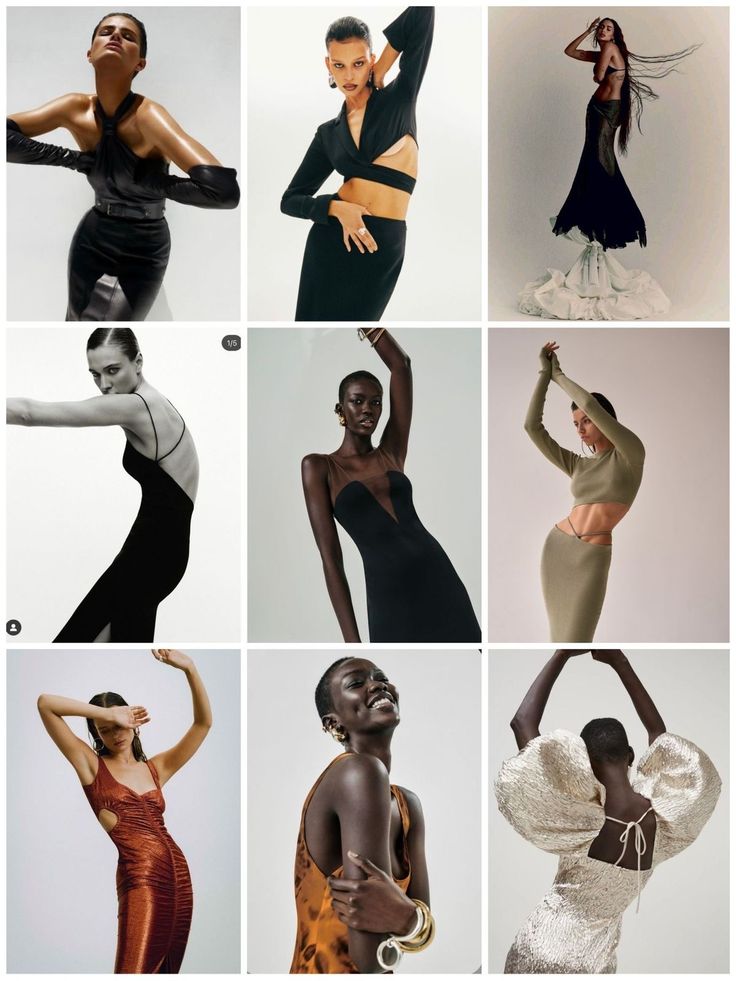 many different images of women in dresses and hair, all with their hands on their hipss