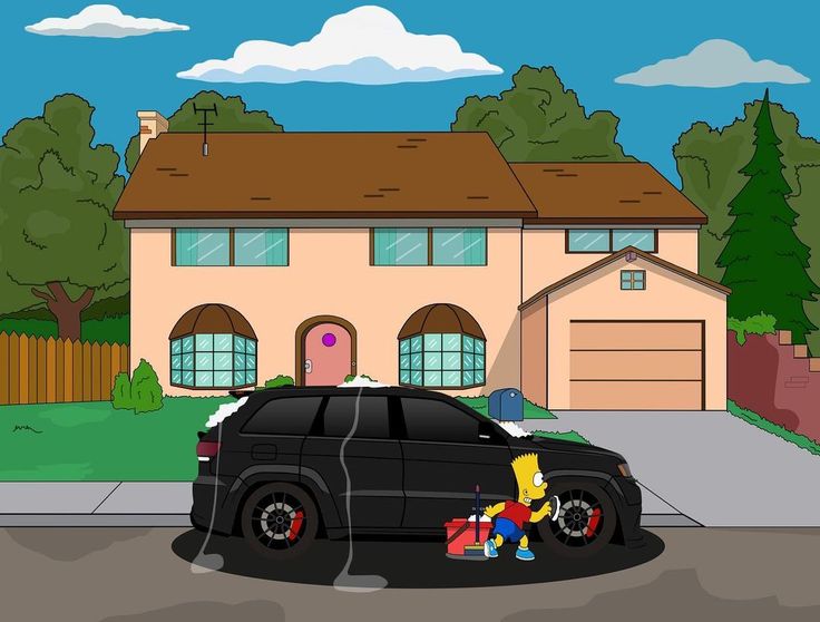 the simpsons car is parked in front of a house