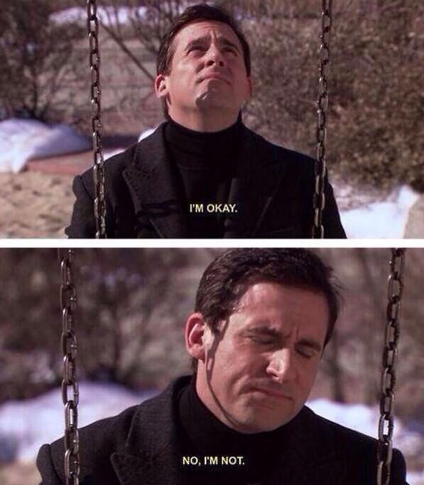 two different pictures of the same man on a swing, one saying i'm okay no, i'm not