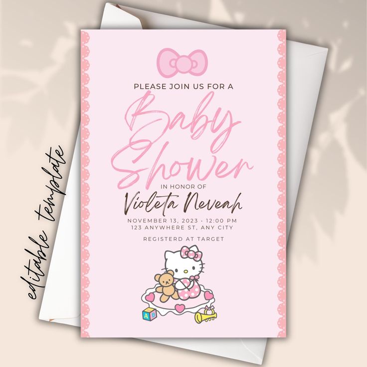 a pink baby shower card with a hello kitty holding a teddy bear on it's chest