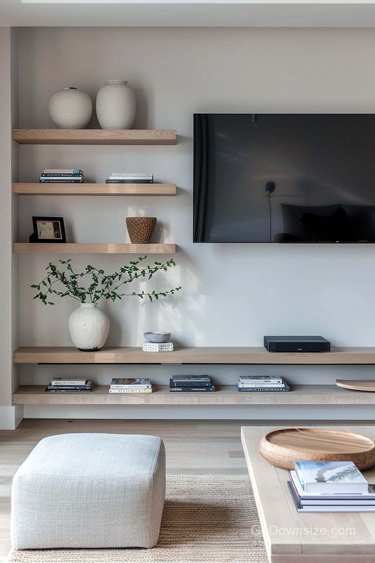 a living room filled with furniture and a flat screen tv mounted on a wall above it