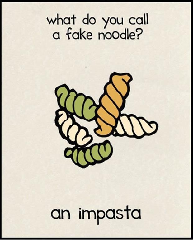 a card with an image of a caterpillar and the caption what do you call a fake noodle?