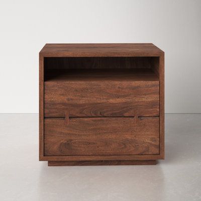 a wooden cabinet with two drawers on one side and an open drawer on the other