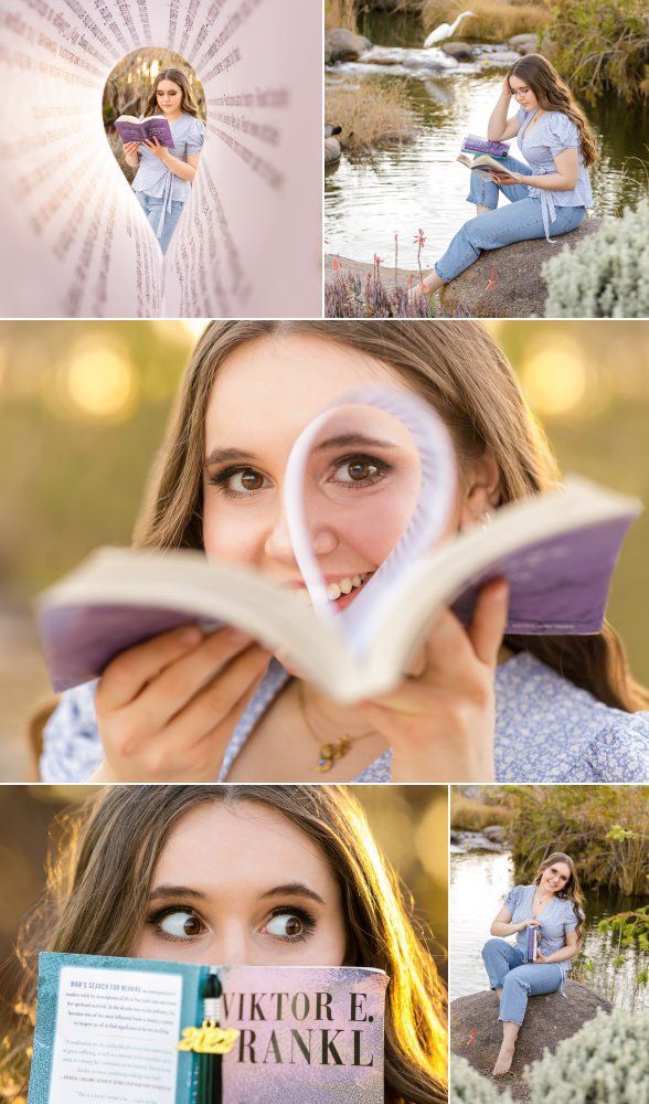 a woman is reading a book while sitting on the ground and holding her hands up to her face