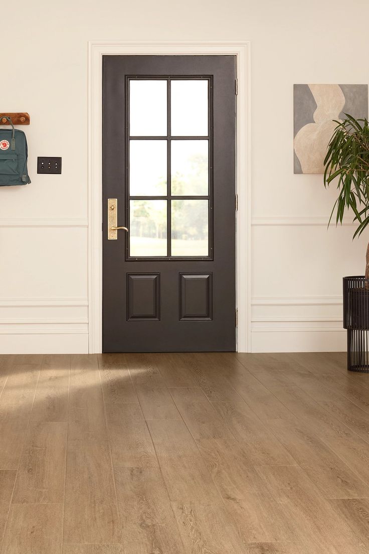 an empty room with wooden floors and a black door in the center, next to a potted plant