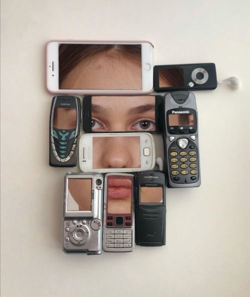 a woman's face is surrounded by cell phones