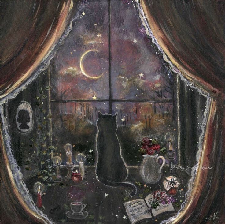 a painting of a cat sitting on a window sill looking out at the night sky