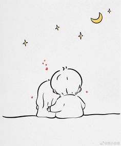 a drawing of a baby hugging its mother with the moon and stars in the background