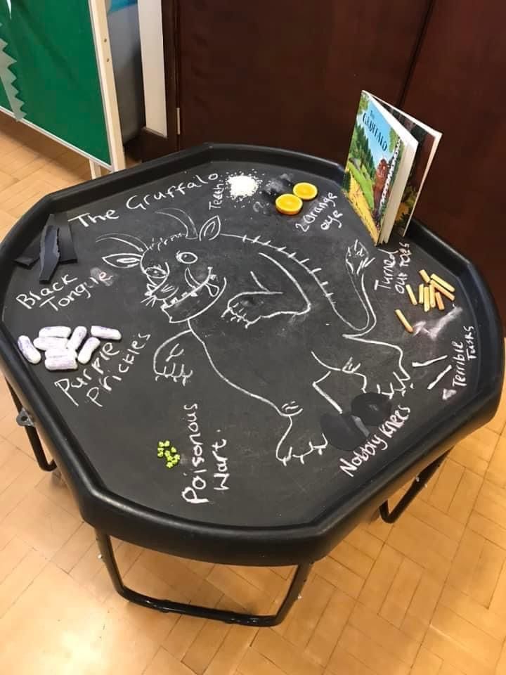 a black table with writing on it and a book sitting on top of the table