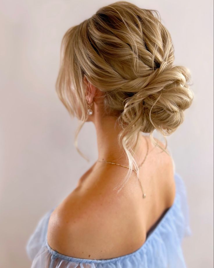 Bridal Hairstyles Low Updo, Bridal Low Loose Bun, Bridal Hair Updo Low Bun, Bridal Hair Low Textured Bun, Romantic Loose Bun, Romantic Updo Bridesmaid, Wedding Hairstyles For Bride Bun, Bride Hair Updo Front View, Romantic Low Updo