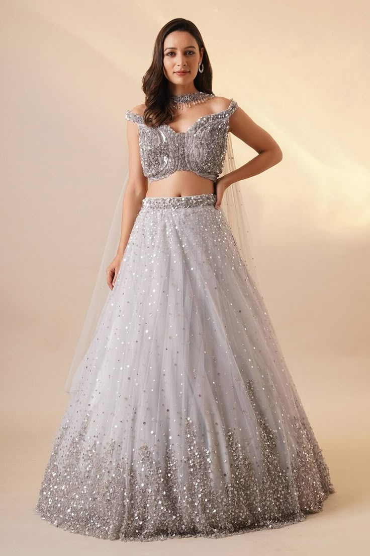 Sangeet Outfits - Grey Net Embroidery Sequin Sweetheart Neck Scattered Lehenga Set Grey Net Lehenga, Surbhi Chopra Lehenga, Pearl Work Lehenga, Outfit With Pearls, Grey Lehenga, Sequence Lehenga, Cancan Lehenga, Pakistani Lehenga, Wedding Fits