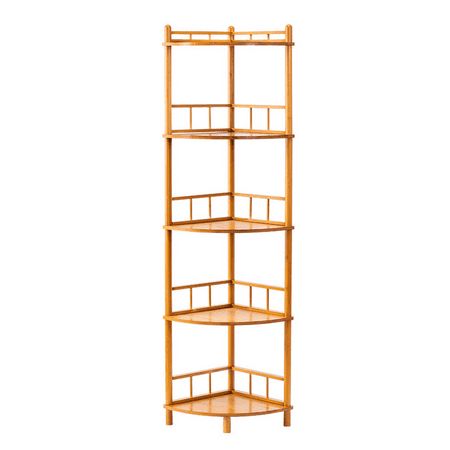 a tall wooden shelf with four shelves on each side