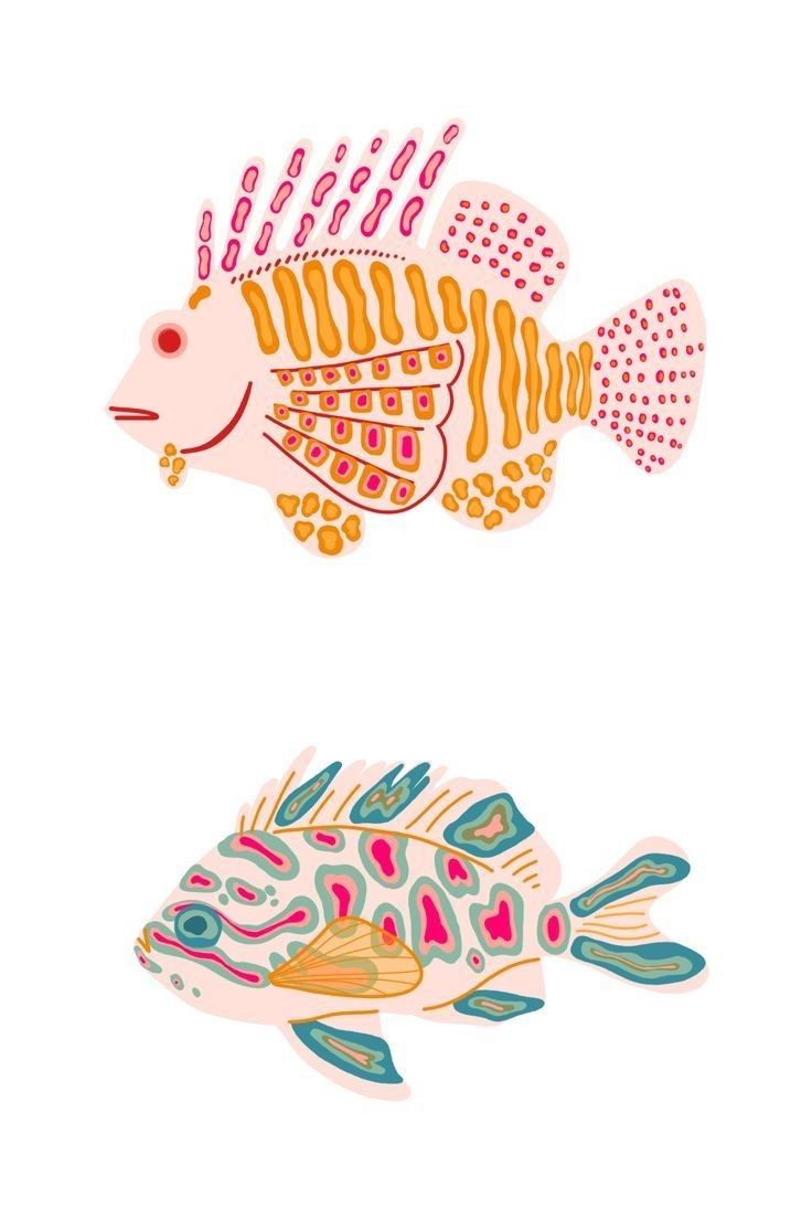 two fish with different patterns on them, one is orange and the other is pink