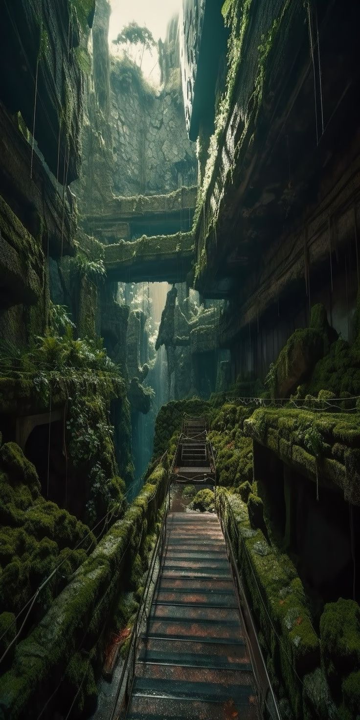 the stairs are covered with moss in this dark cave like area that is surrounded by rocks and trees