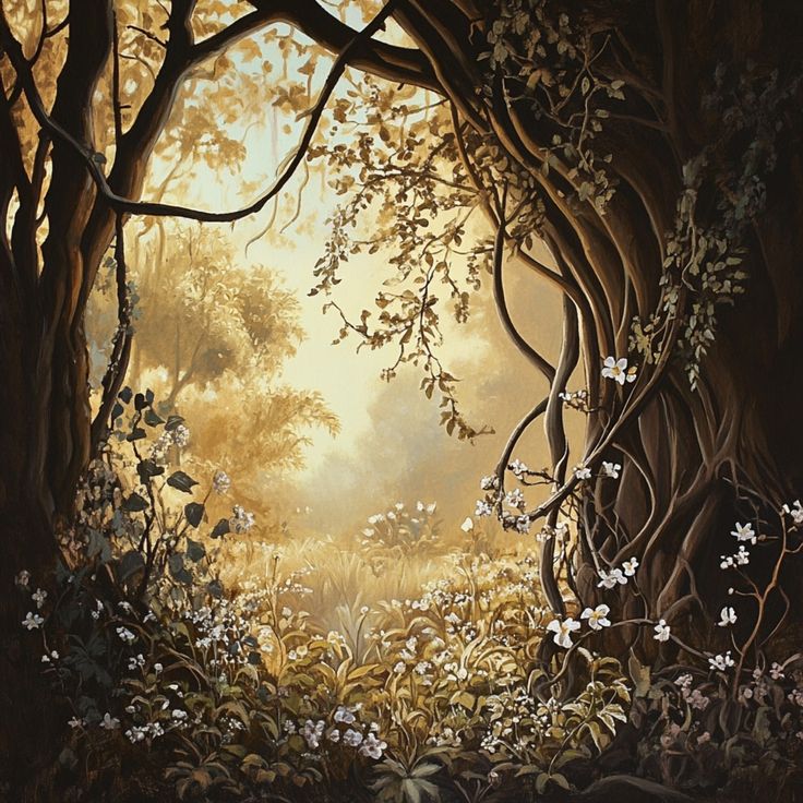 an oil painting of trees and flowers in the woods