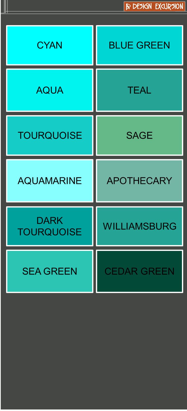 the color scheme for each type of item in this game is blue green, aqua, teal, sage, aquamarine, and apothecary