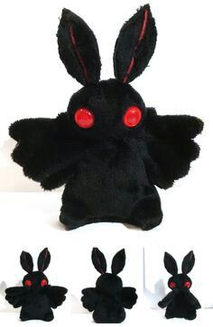 a stuffed animal with red eyes and ears is shown in different positions, including the head