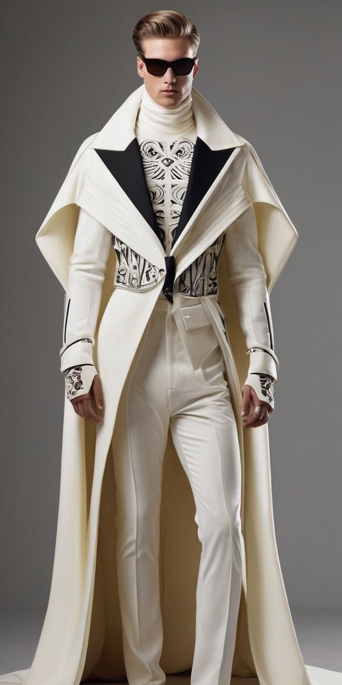 Clothes Design Men Fashion Designers, Extravagant Suits Men, Haute Couture Fashion Men, High Fashion Suits Men, Men’s High Fashion, Futuristic Clothing Men, Futuristic Fashion Male, Male Wedding Dress, Men High Fashion