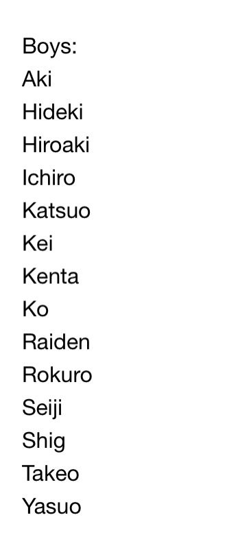 the words are written in black and white on a piece of paper that says boys aki, hirokki, hirokki, kiroki, karorai, kei, ketsu, kenna, kento,