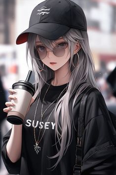 a woman with long gray hair holding a coffee cup and wearing a black baseball cap