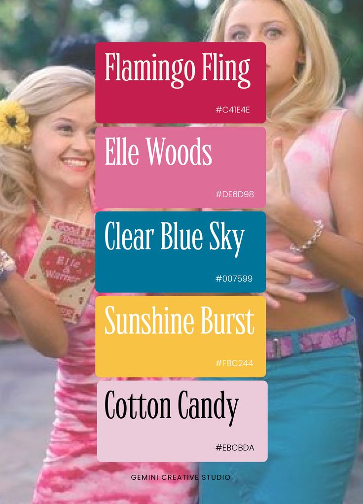 two young women are dancing together in the street, with text reading flamingo fling ellen woods clear blue sky sunshine burst cotton candy