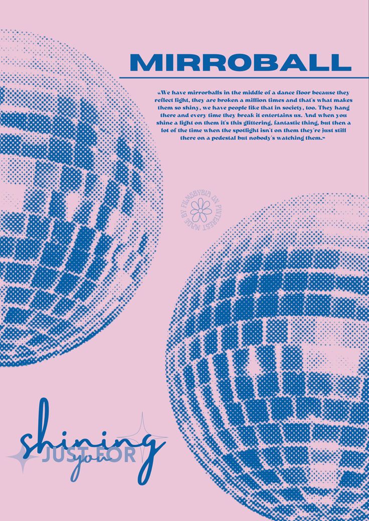 a poster for a show with two disco balls in blue and pink, on a pink background