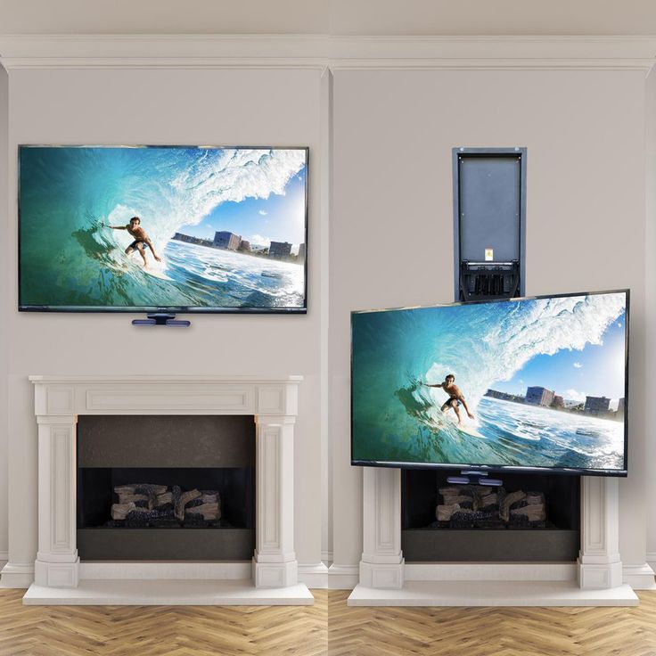 two televisions are shown on the wall in front of fireplaces with paintings above them