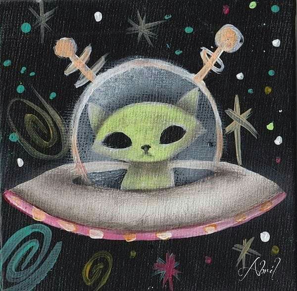 a painting of a green cat sitting on top of a saucer with stars in the background