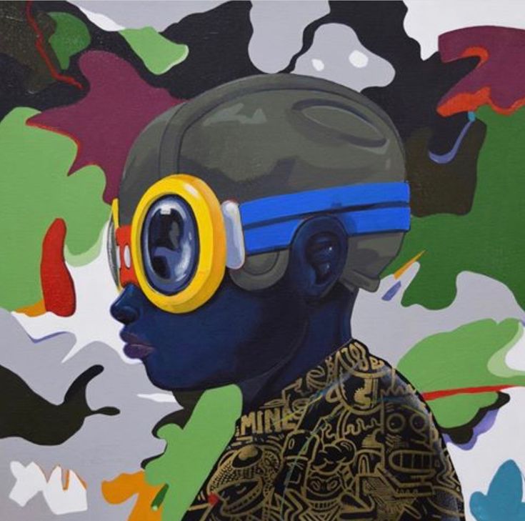 a painting of a man with goggles on his head and in front of an abstract background