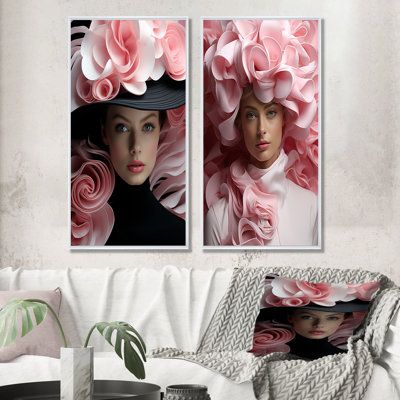 two pictures of women with pink flowers on their heads, one is wearing a black hat