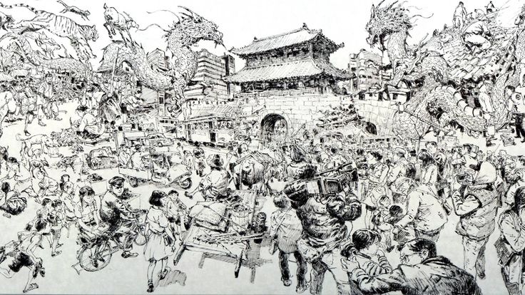 a black and white drawing of people in front of a building