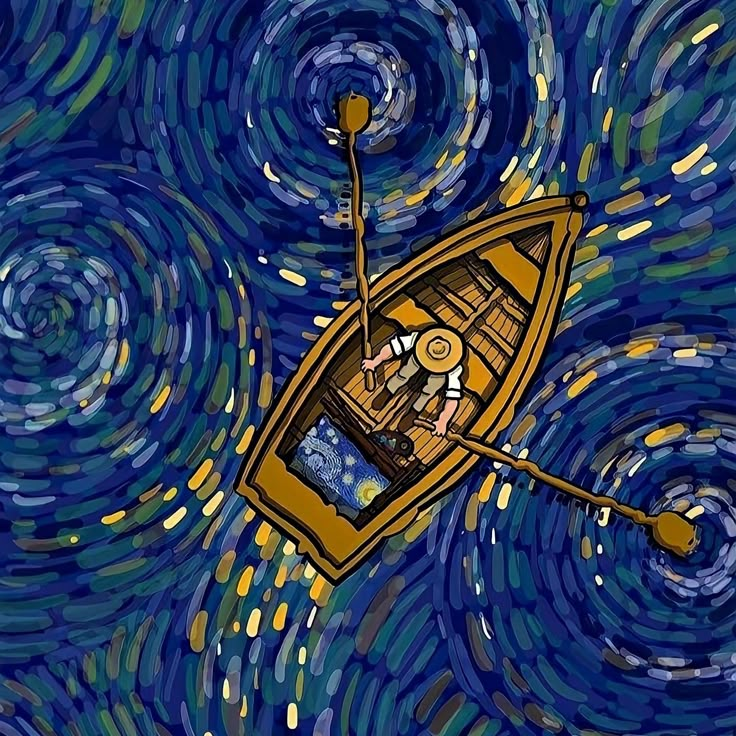 a painting of a boat floating in the middle of a night sky with stars and swirls