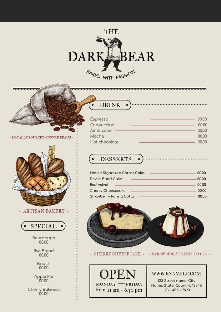 a menu with different types of desserts on it