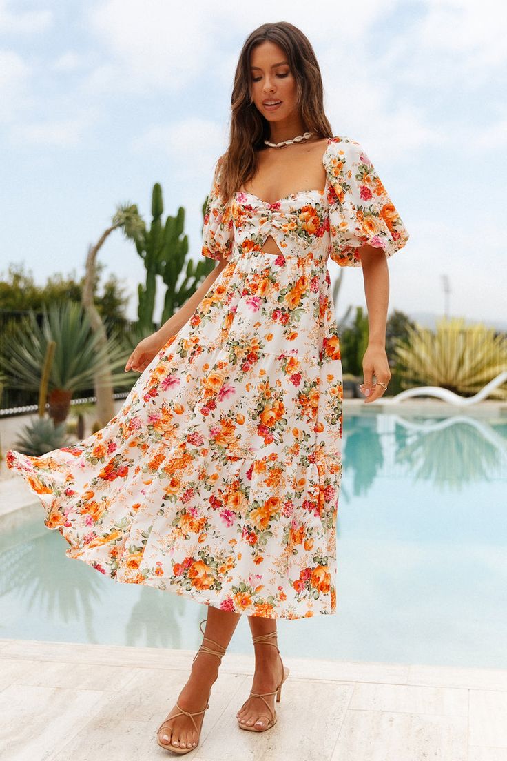 Enjoy the sights and sounds of nature in our Stuck In Your Head Maxi Dress. Pair yours with lace-up sandals, gold adornments, and a straw hat for your next picnic in the gardens.  Floaty maxi dress, true to size Rounded V neckline Short, balloon sleeves Ruching to bust with cutout feature Floral print throughout Shirred, stretchy back panel Invisible back zipper Partially lined at skirt Light weight, textured polyester Non stretchy material Cold hand wash only Model wears XS Plunge Neck Maxi Dress, Floaty Maxi Dress, Ikkat Dresses, Sounds Of Nature, Knit Maxi Skirt, Sandals Gold, Strapless Maxi, Strapless Maxi Dress, Lace Corset