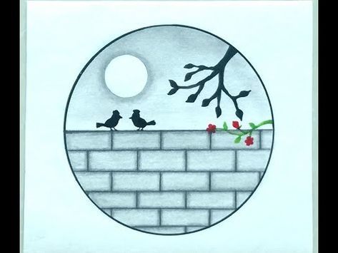 a drawing of two birds sitting on top of a brick wall next to a tree