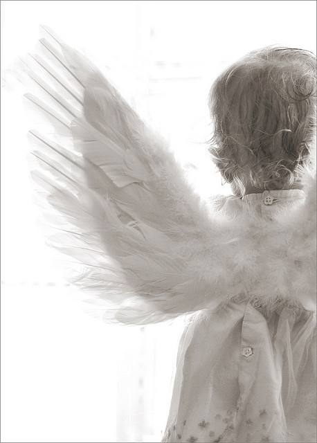 an angel with white wings is standing in front of a window and looking at the sky