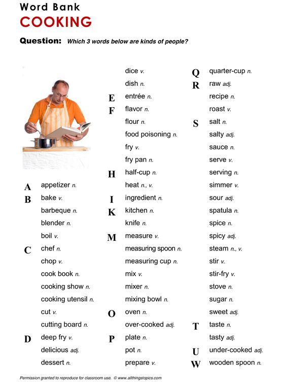 the words in this worksheet are used to describe what food is being cooked