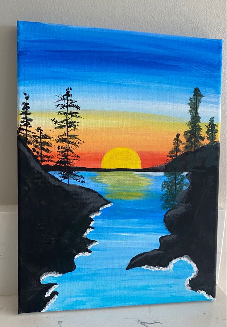 an acrylic painting of a lake at sunset