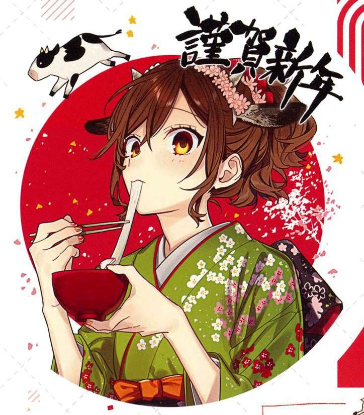 an anime character holding a drink with chopsticks in her mouth