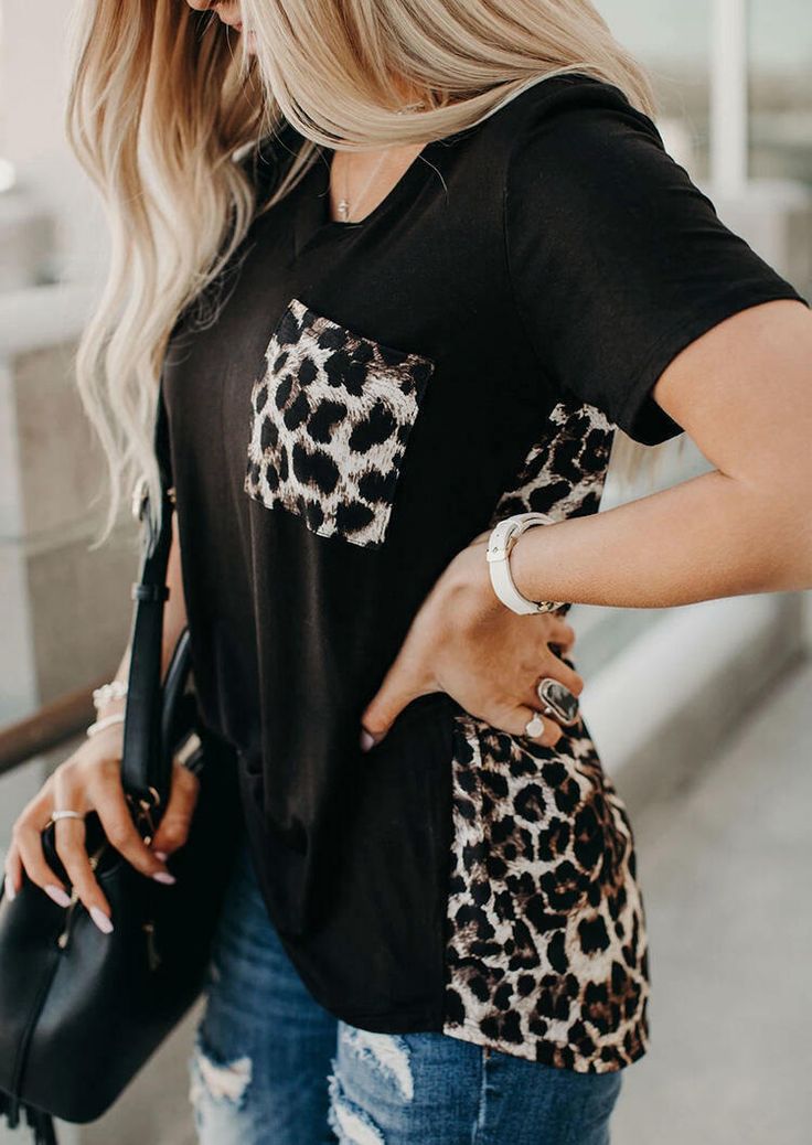 Leopard Printed Splicing Blouse without Necklace - Black|#vacationshop #fashion #outfits Leopard Print Shorts, Short Sleeve Shirt Women, Cute Tank Tops, Sleeves Clothing, Womens Tops Summer, Loose Blouse, Blouse Styles, Short Tops, Summer Women