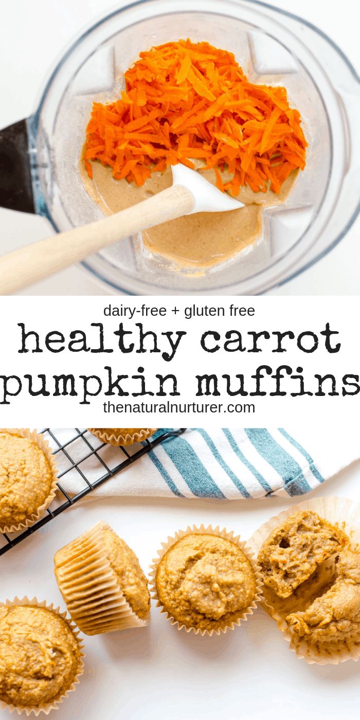 healthy carrot pumpkin muffins with text overlay