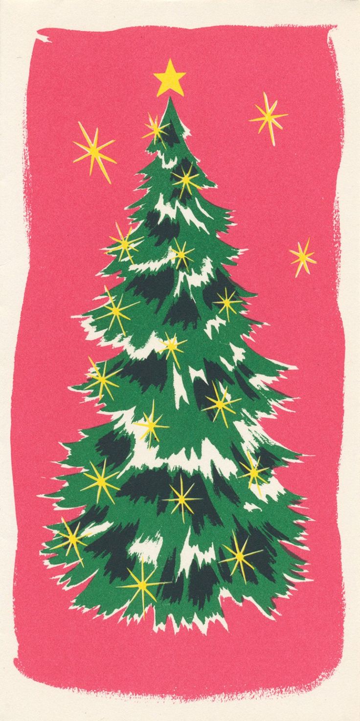 a christmas tree on a pink background with yellow and green stars in the center,