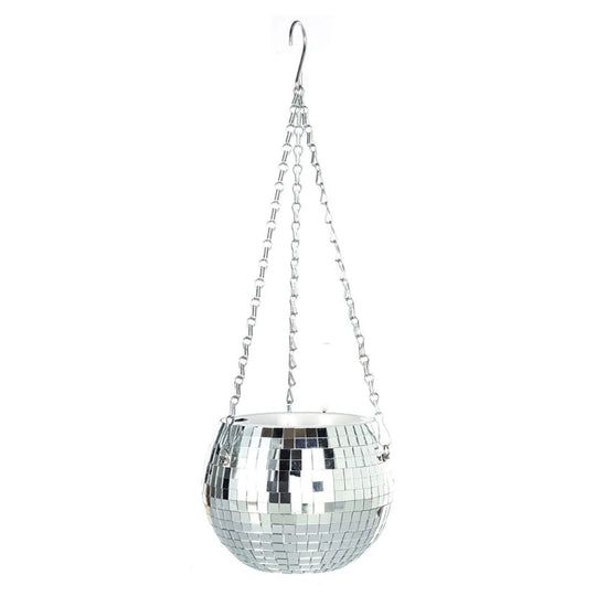 a silver disco ball hanging from a chain