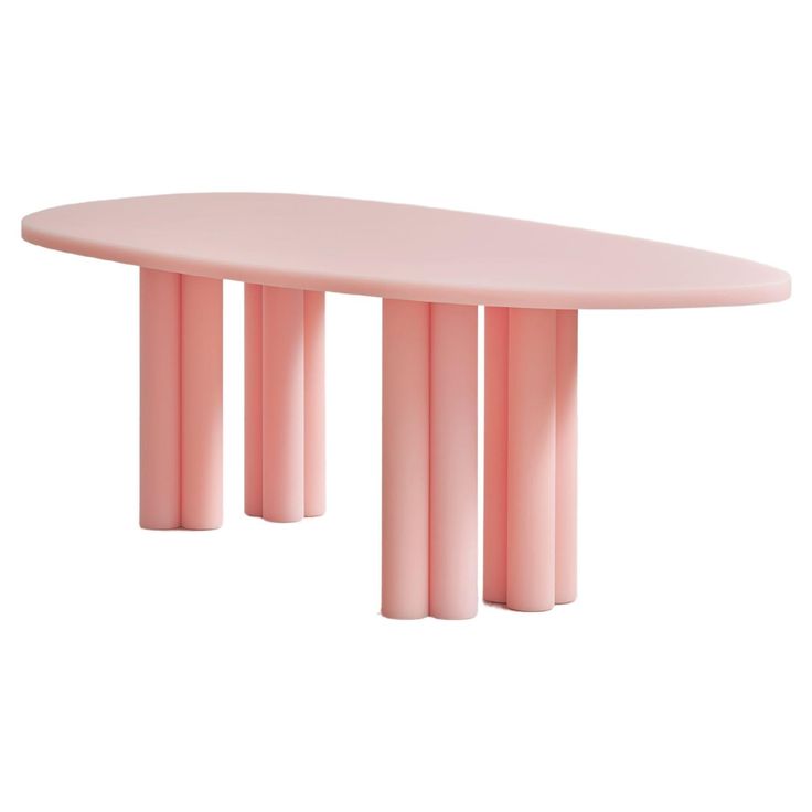 an oval table with four pink columns on the top and bottom, in front of a white background