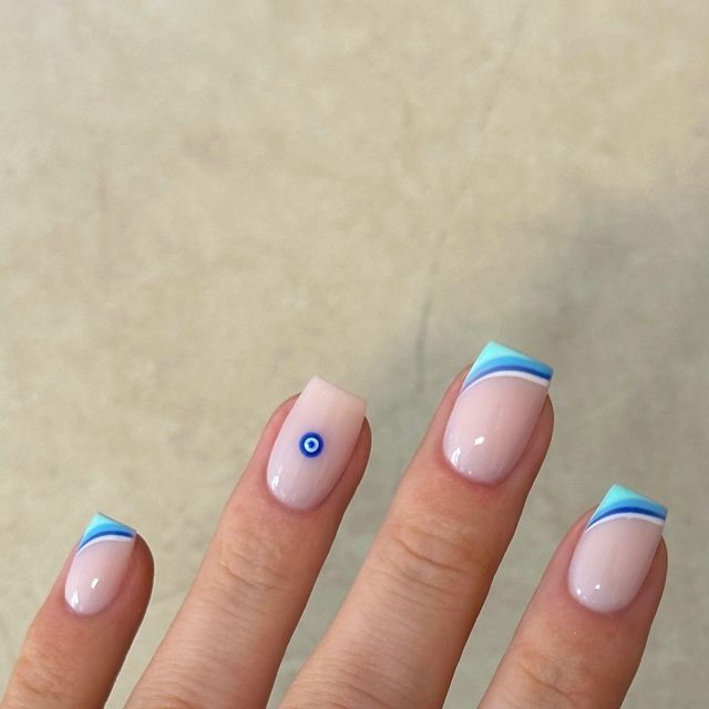 Gemma Pope | Nail technician on Instagram: "Greece is the word 🇬🇷🧿  @wandergelofficial Santorini collection   #greeknails #nailart #summernails #nailinspo #nails #nailsnailsnails #nailsofinstagram #summervibes #evileyenails #bluenails #travel #wandergel" Greek Holiday Nails, Greece Nails Designs, Greek Nails Designs, Santorini Nails, Nails For Greece, Ammoudi Bay, Greek Nails, Ibiza Nails, Uni Nails