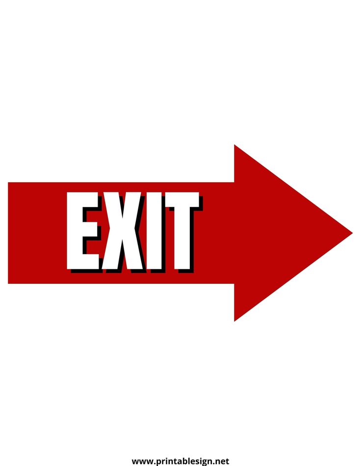 an arrow pointing to the right with the word exit in red and black on it