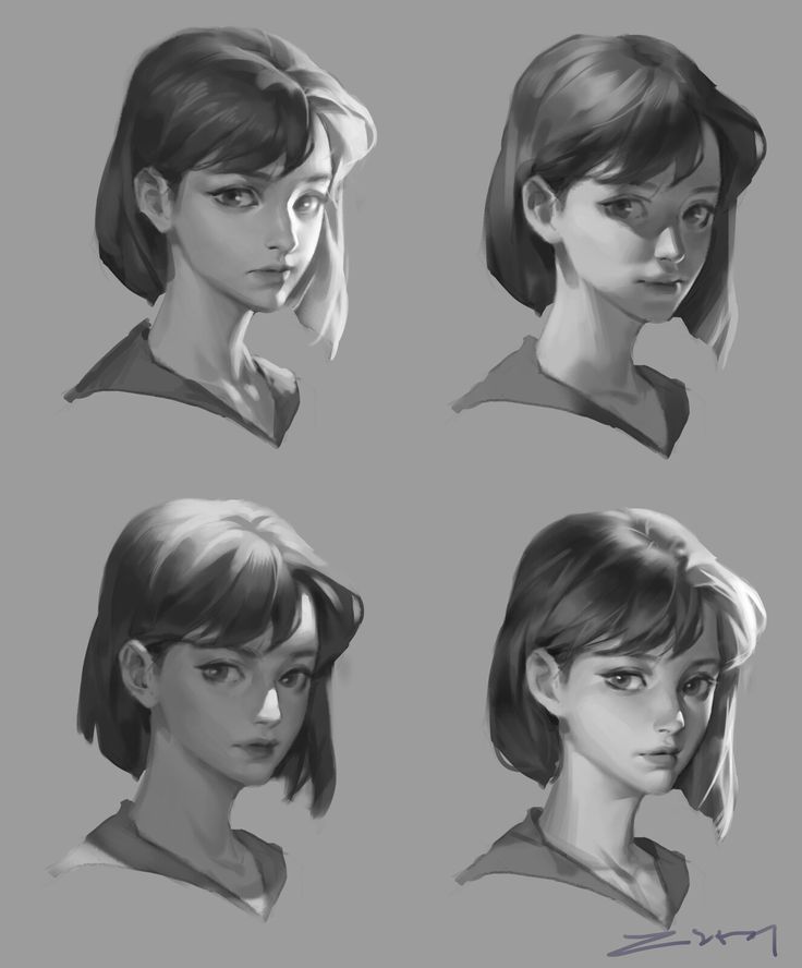 four different views of a woman's head with hair pulled back and bangs down