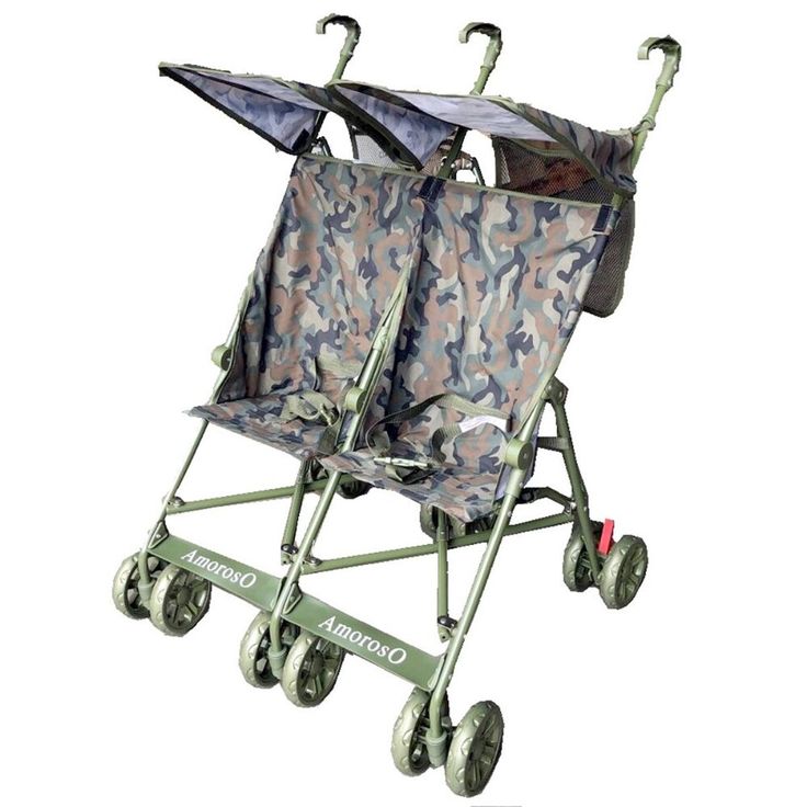 two baby strollers with umbrellas attached to the back and sides, both in camo