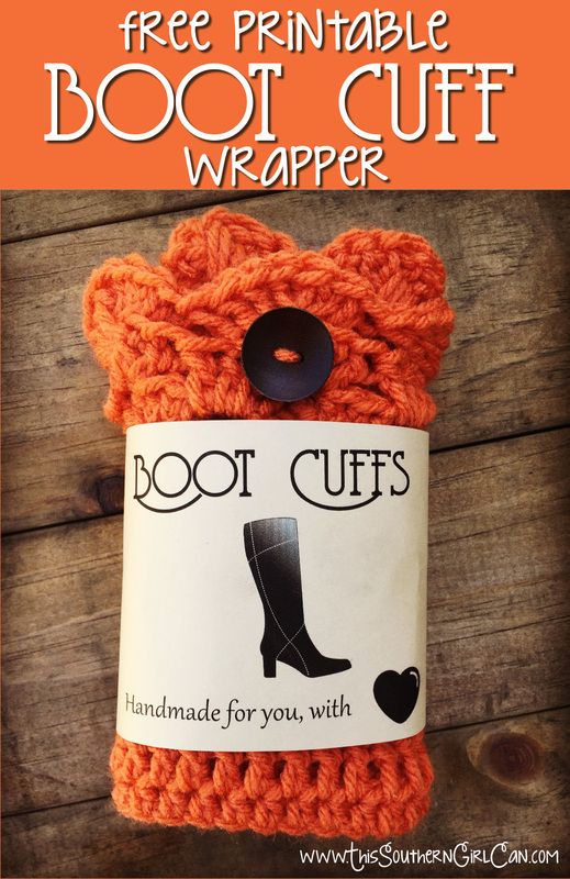 an orange crocheted boot with the text free printable boot cuff wrapper